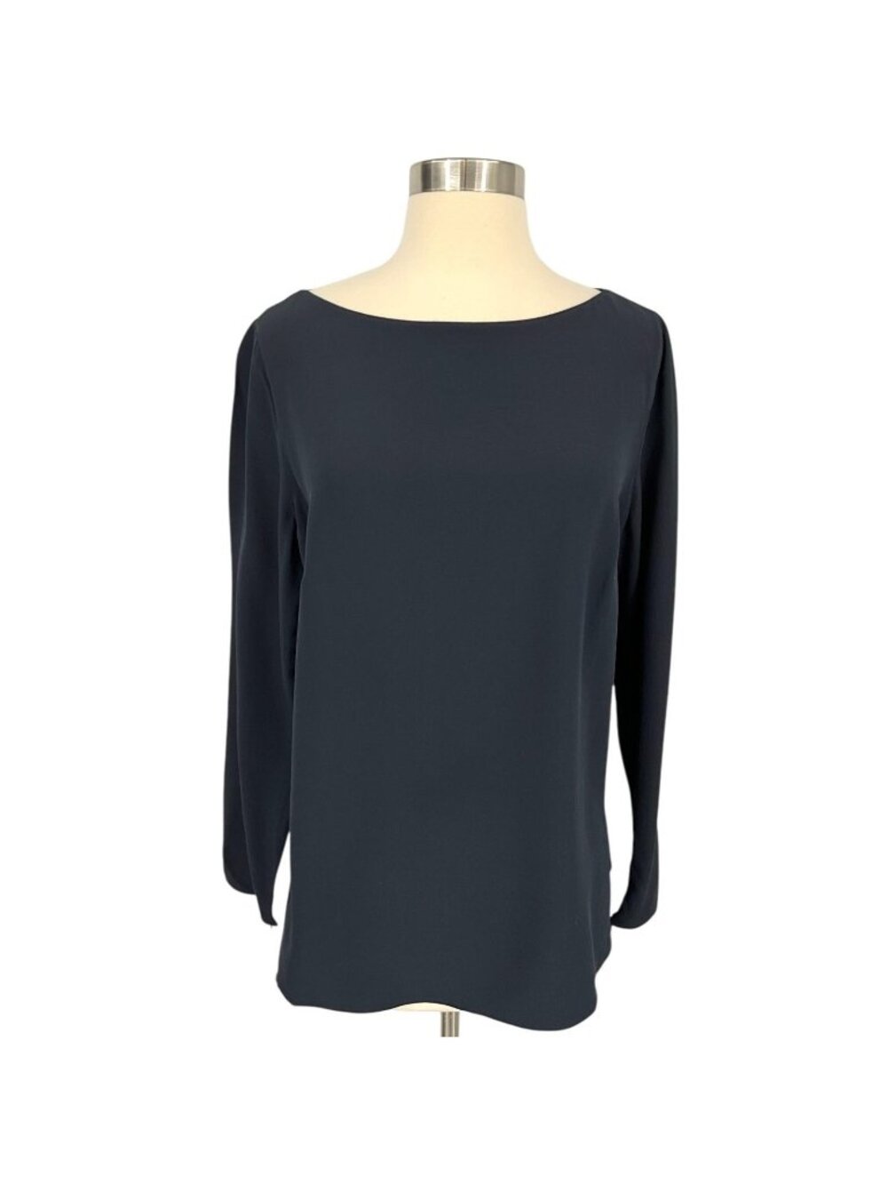 Akris Silk Blouse Womens Medium Blue Boat Neck Long Sleeve Side Slits Top